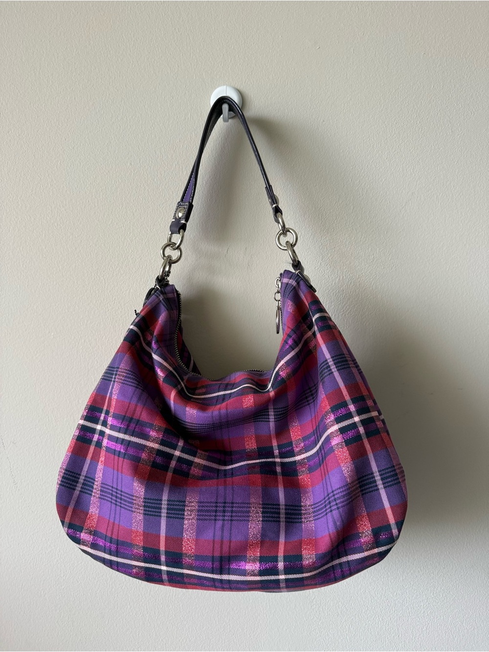Coach Poppy Tartan Plaid Purple Shoulder Crossbody Bag #16120 w/ Charms Hangtags - Picture 3 of 9
